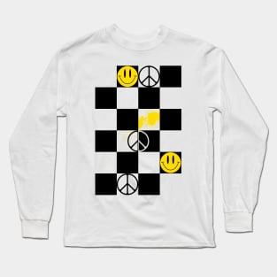 Checkered Smiley Face & Peace Sign Long Sleeve T-Shirt